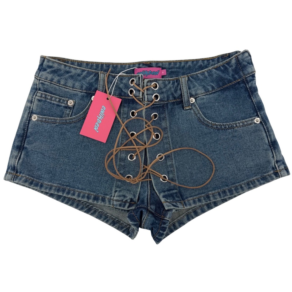 Edikted Denim Shorts Womens Medium Blue Lace Up Front Side Zip Micro Mini Y2K